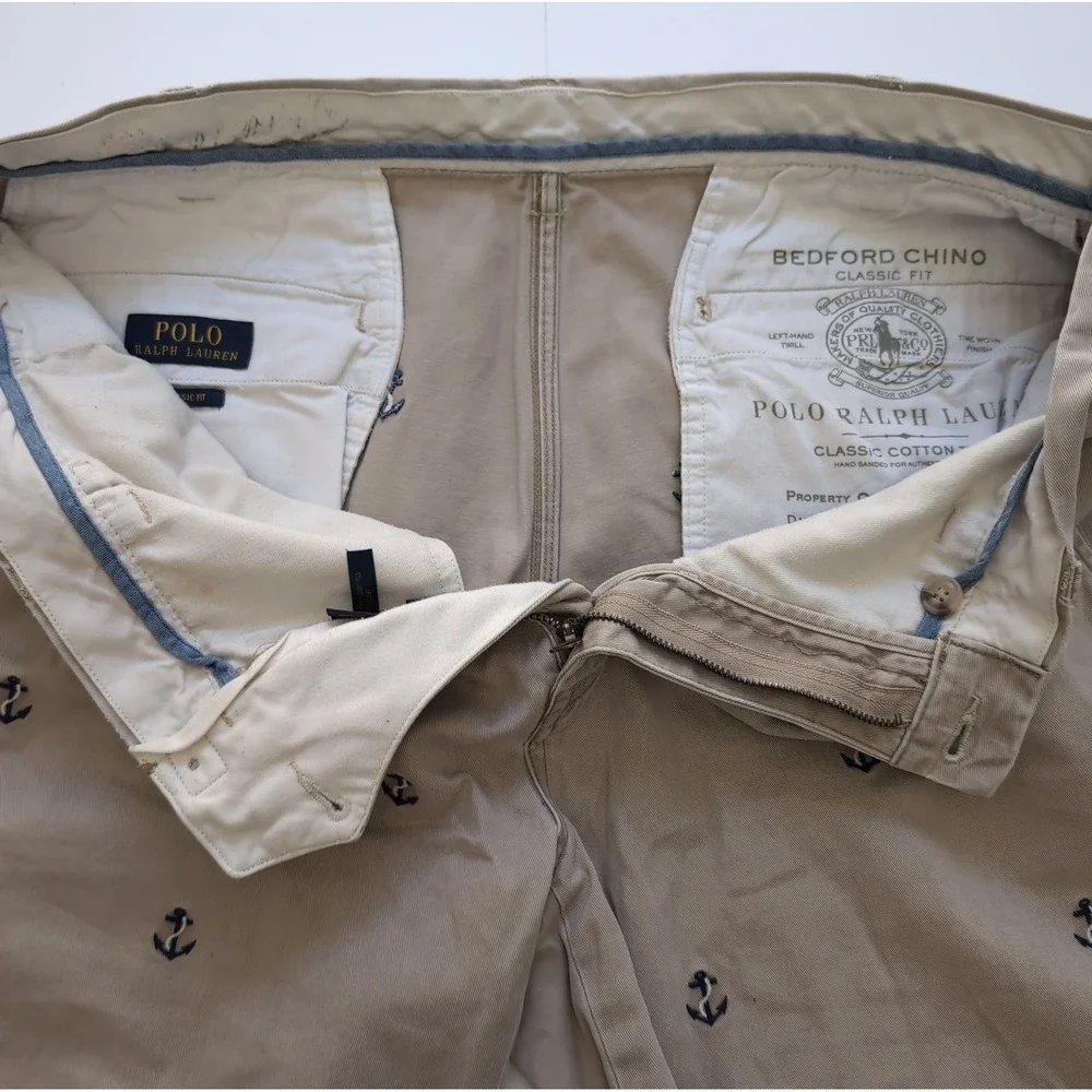 Polo Ralph Lauren Bedford Chino Shorts Mens 36 Classic Fit Khaki Anchors Preppy